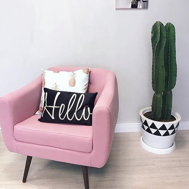 décor moderne avec fauteuil rose et cactus