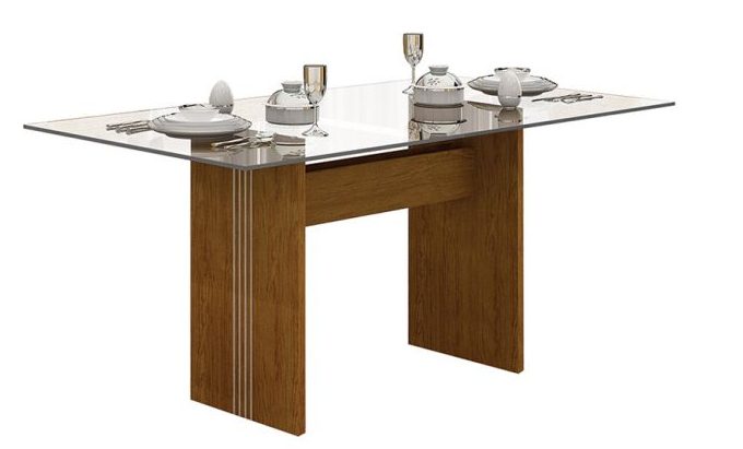 table à manger rectangulaire en verre avec base en bois