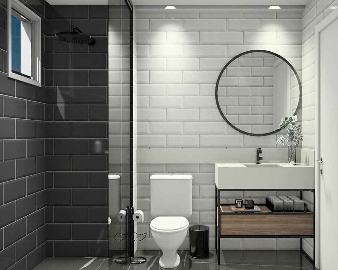 miroir rond dans la salle de bain noir et blanc