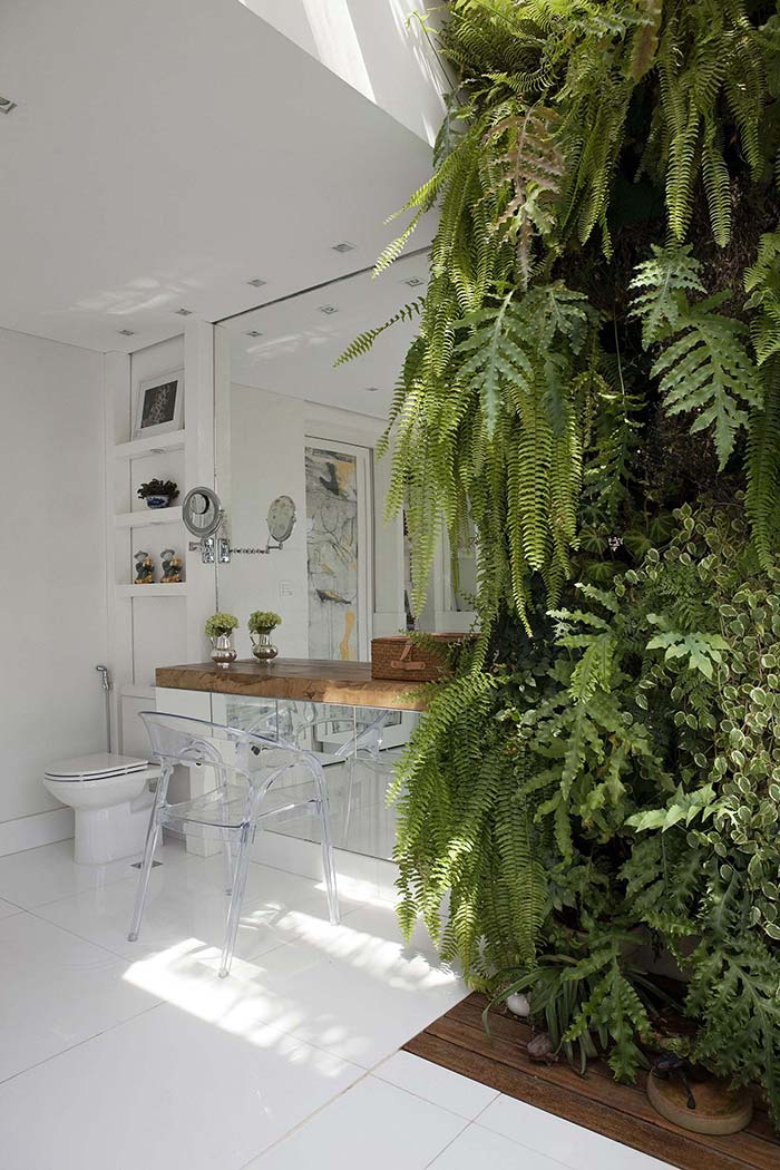 Salle de bain avec jardin vertical de fougères