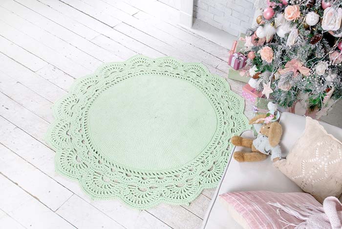 Tapis rond au crochet vert d'eau doux