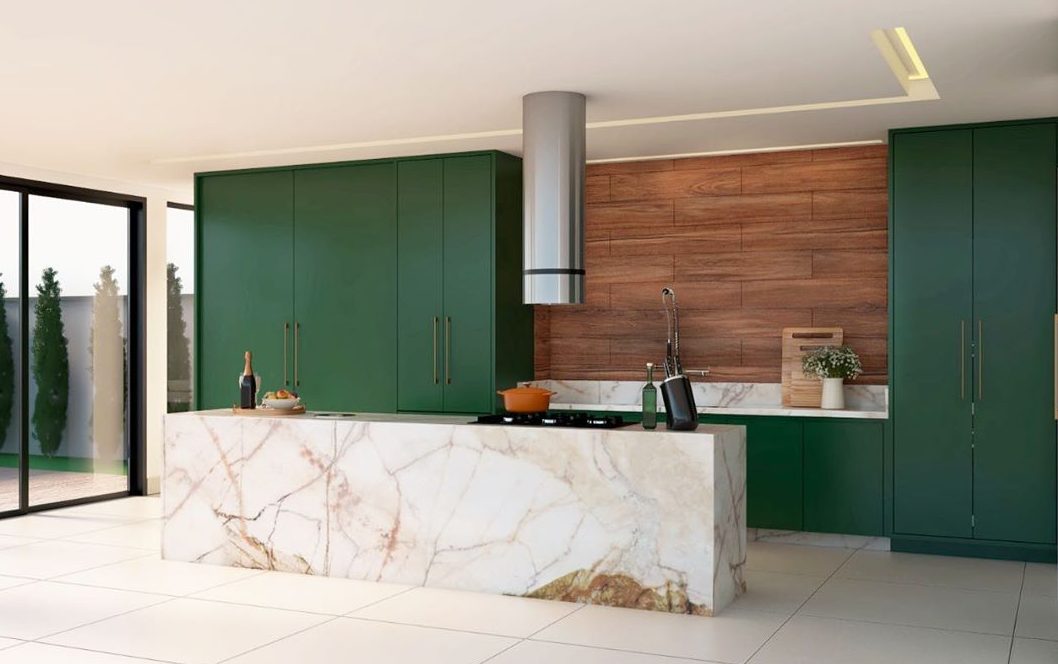 cuisine vert foncé avec bois et marbre sur comptoir
