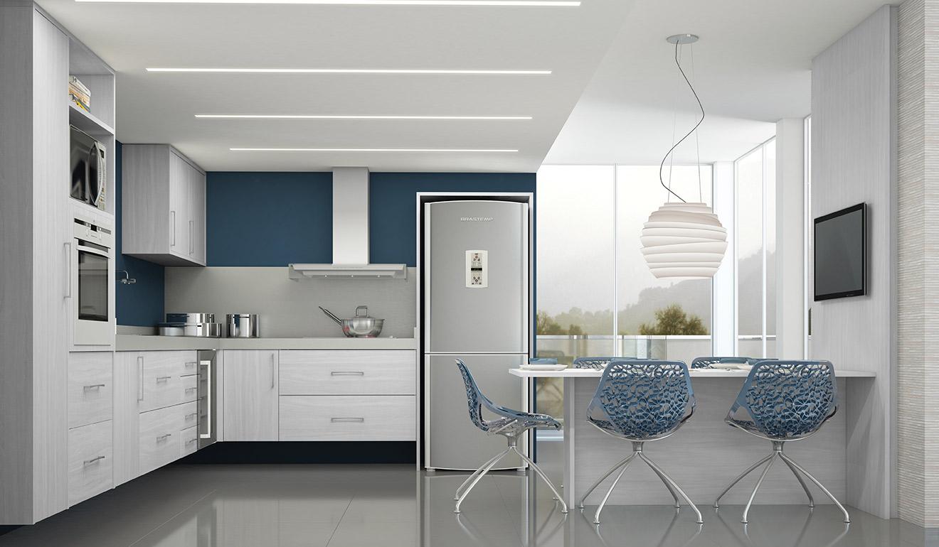 Le bleu et le blanc forment le design de cette cuisine.