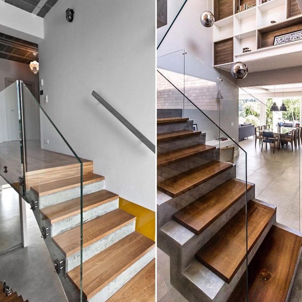 escalier en bois moderne avec du ciment brûlé et du verre
